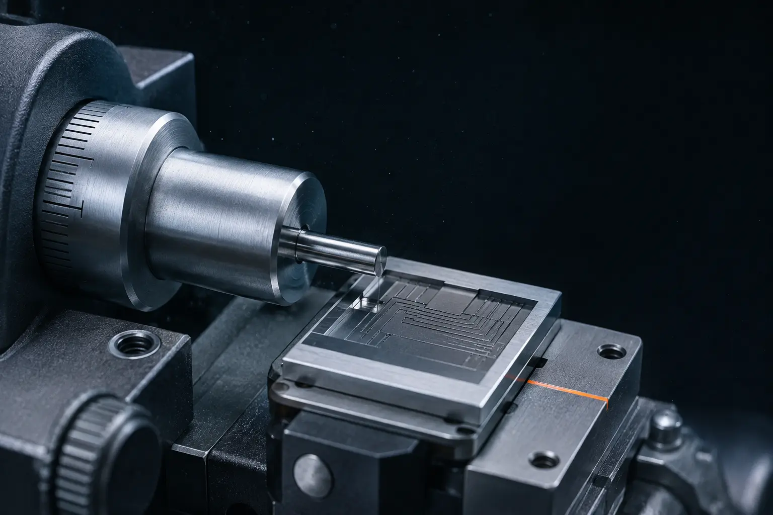 Precision spindle approaching a microfabricated calibration surface